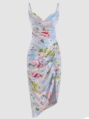 Cider Illusion Floral Ruched Cowl Neck Midi Dress Size Small